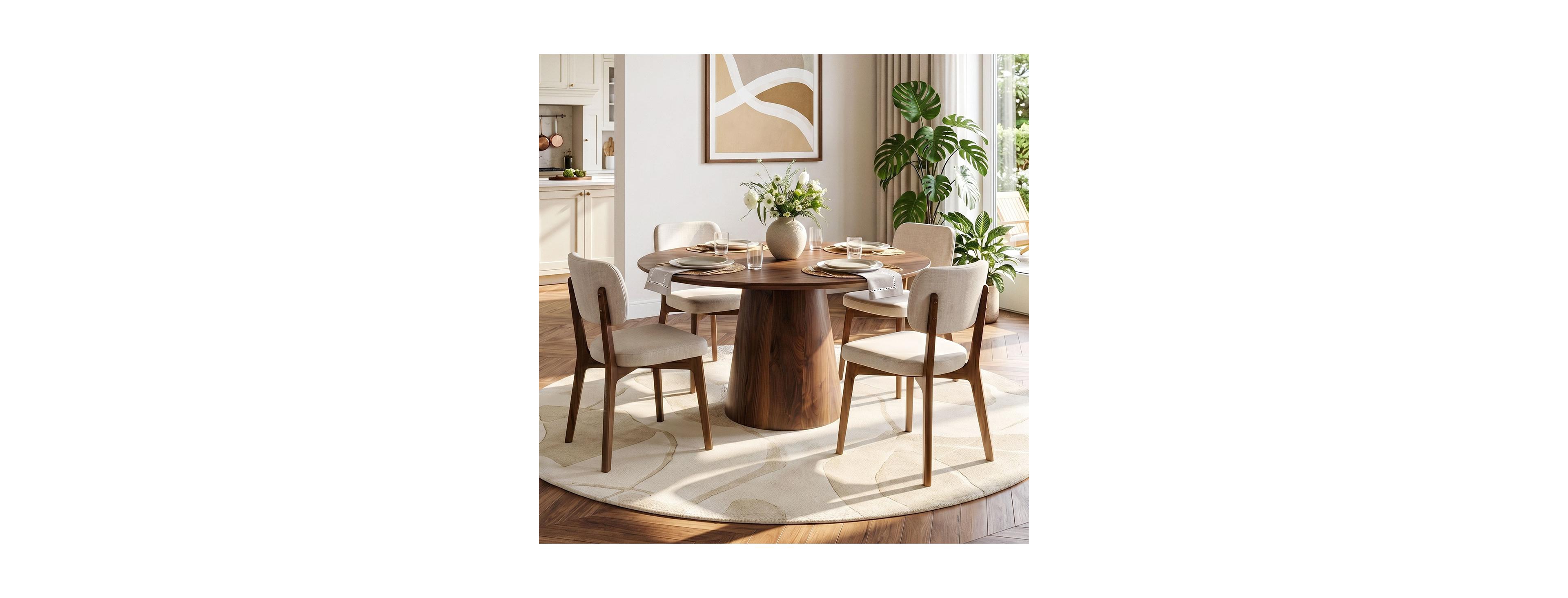 Maison Boucle Modern Upholstered Dining Chairs Set of 4, Woven Linen-Blend Fabric, Padded Seat and Curved Back, Solid Wood Frame Side