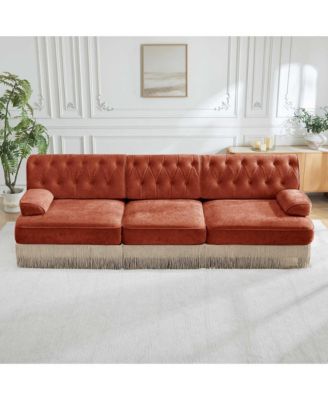 3-Seater Modular Sectional Sofa for Living Room, Velvet Fabric, Button Tufted Back, Tassel Fringe Skirt, Free Combination