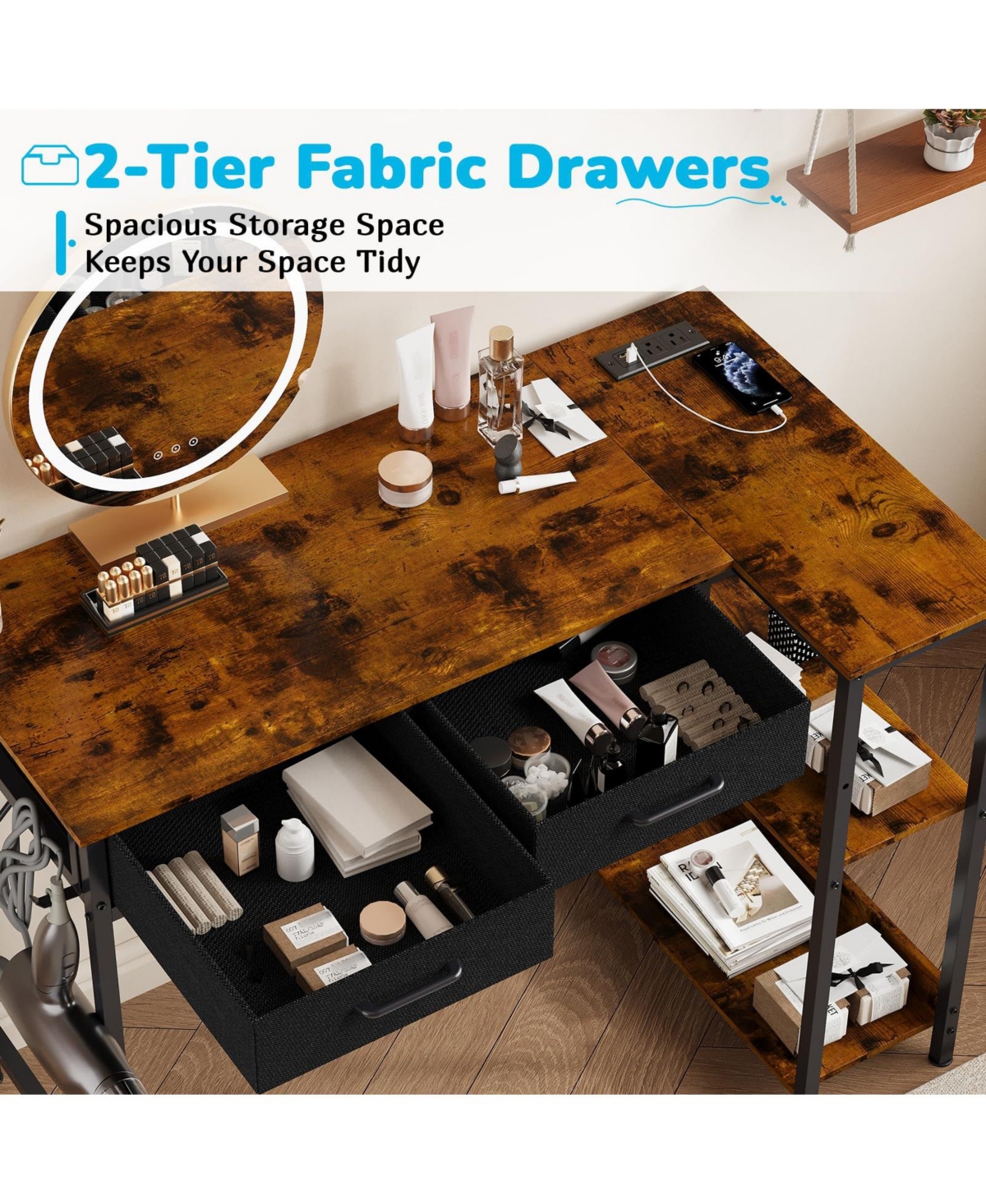 homfan 40 inchL-Shaped Desk with Power Outlet - 3-Tier Shelves and 2 Drawers, Corner Desk with Headphone Hook for Small Spaces