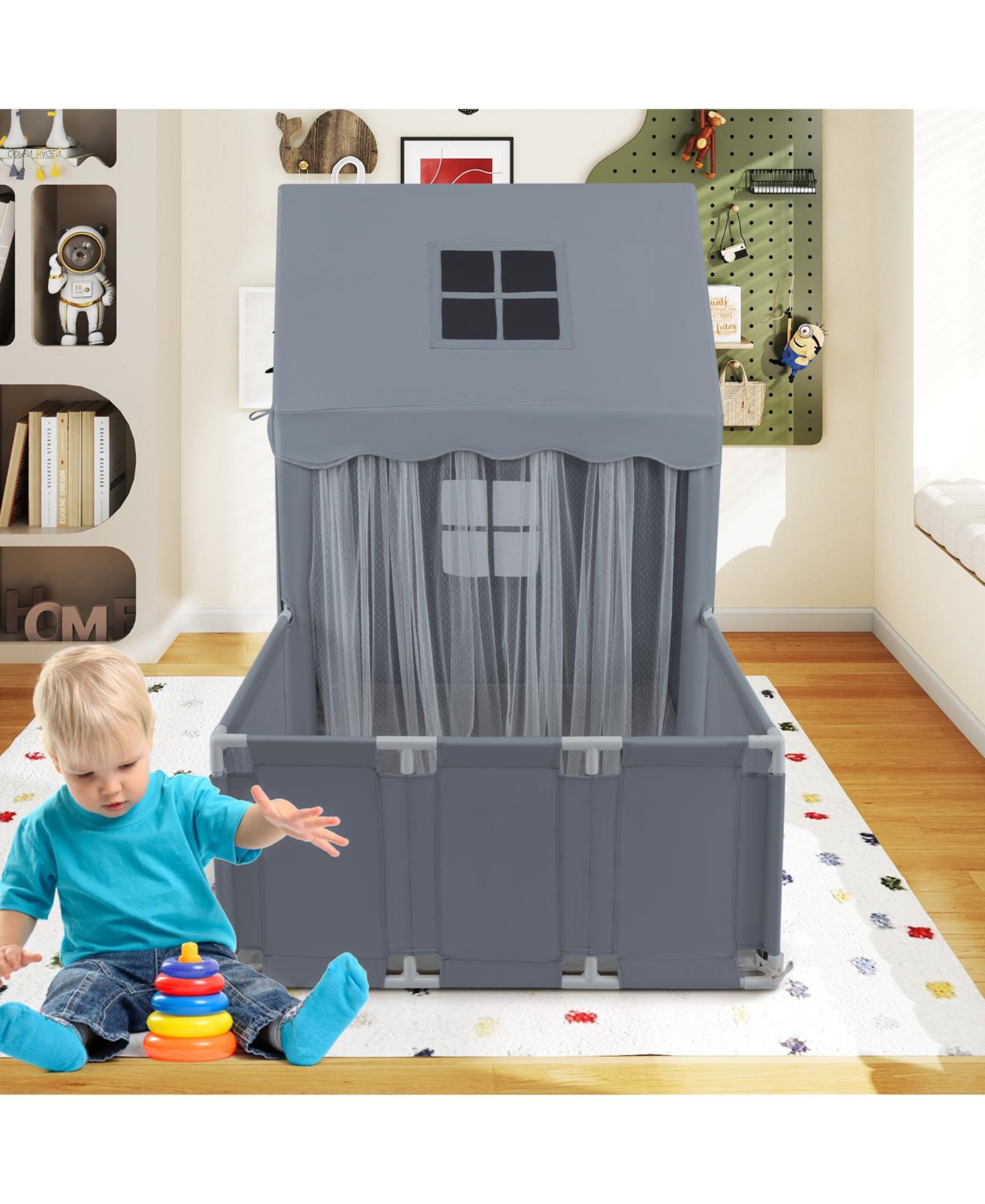 Детская игрушка SUGIFT 2-in-1 Play Tent and Playpen Yard with Star String Lights, Ages 3+, цвет: Серый — фото 9