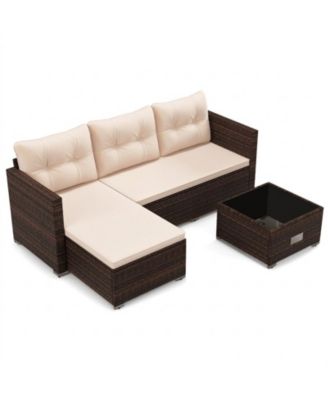 4-Seat Outdoor Wicker Furniture Set with Tempered Glass Coffee Table and Soft Cushions