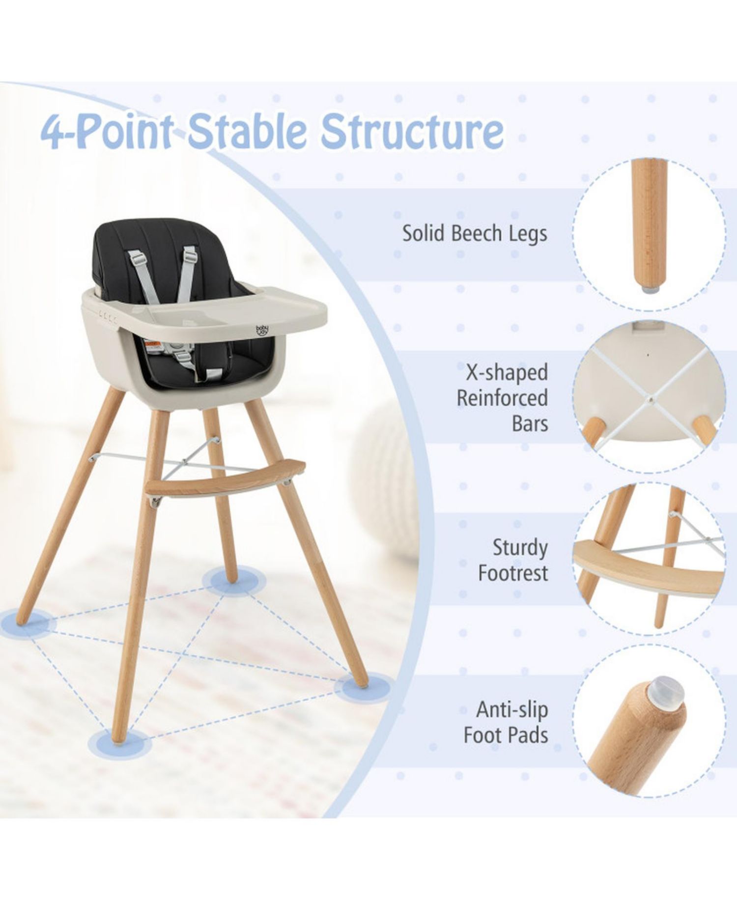 Baby 3-in-1 Convertible Wooden Baby High Chair with Cushion
