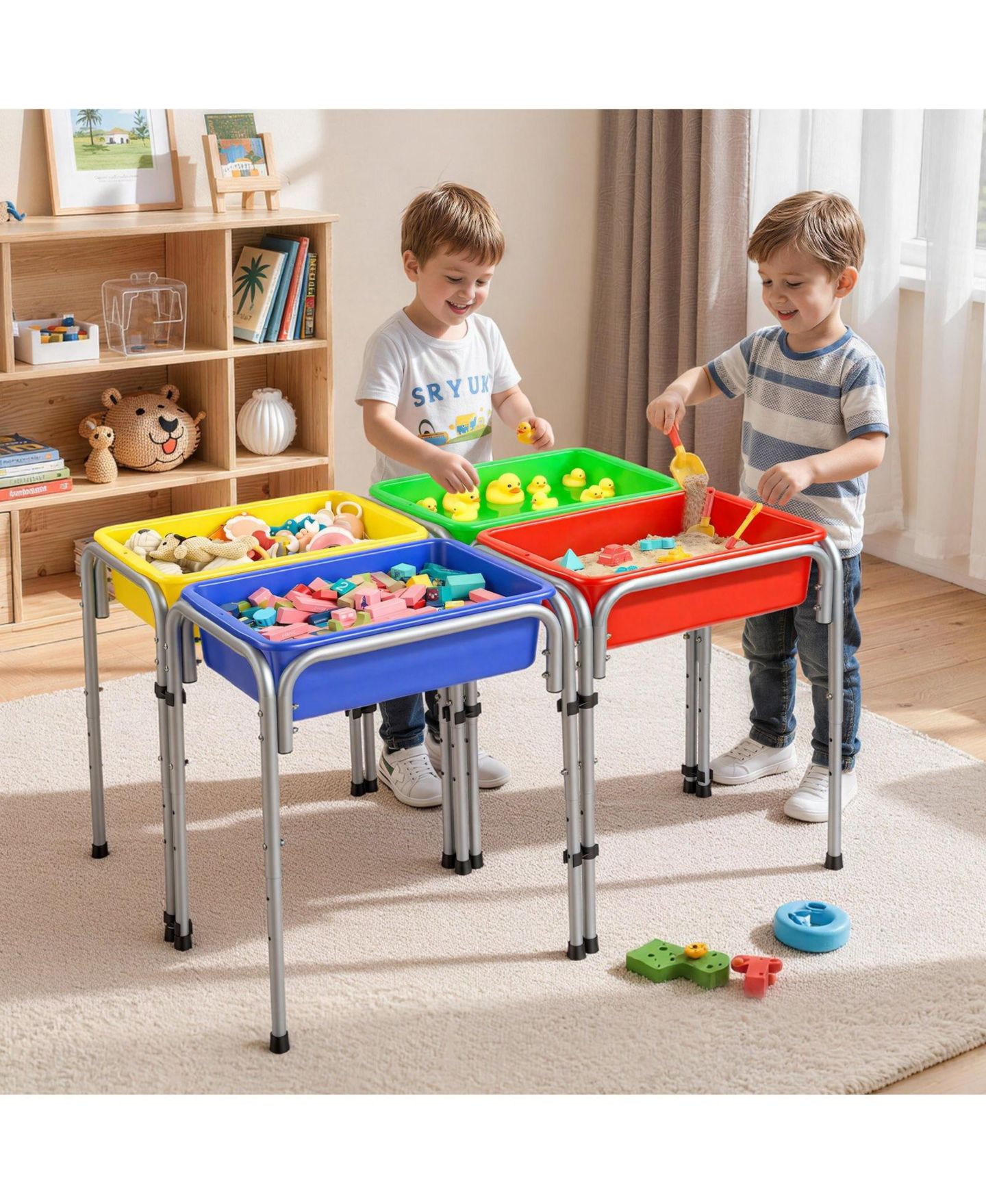 Детские игрушки HONGGE 4 Station Height-Adjustable Sand and Water Play Table, 4-Piece, Ages 3-6, цвет: Серебристый — фото 2