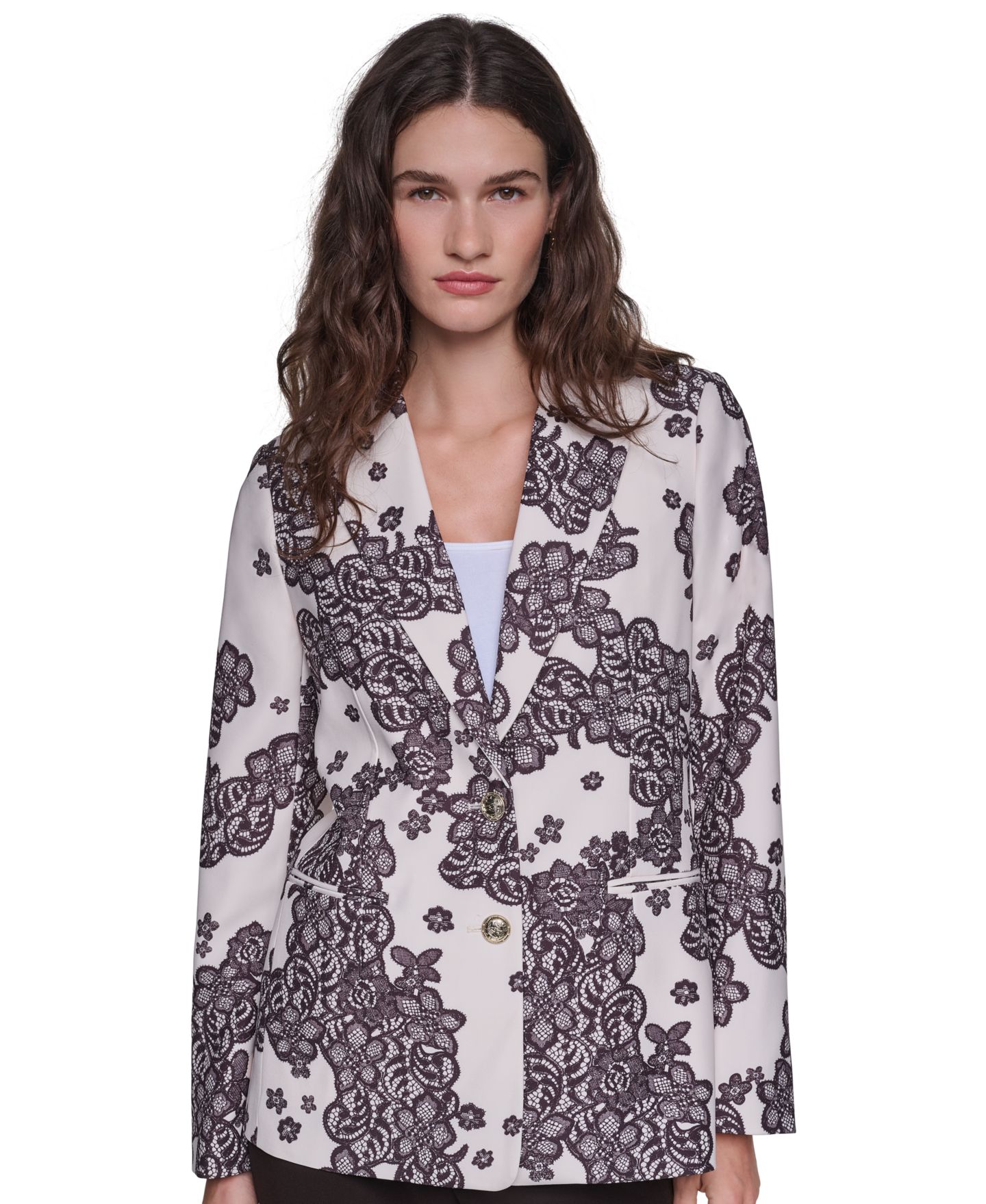 Женский пиджак KARL LAGERFELD PARIS Floral-Print Lace Blazer, цвет: Берёзовый / Шоколадный — фото 1