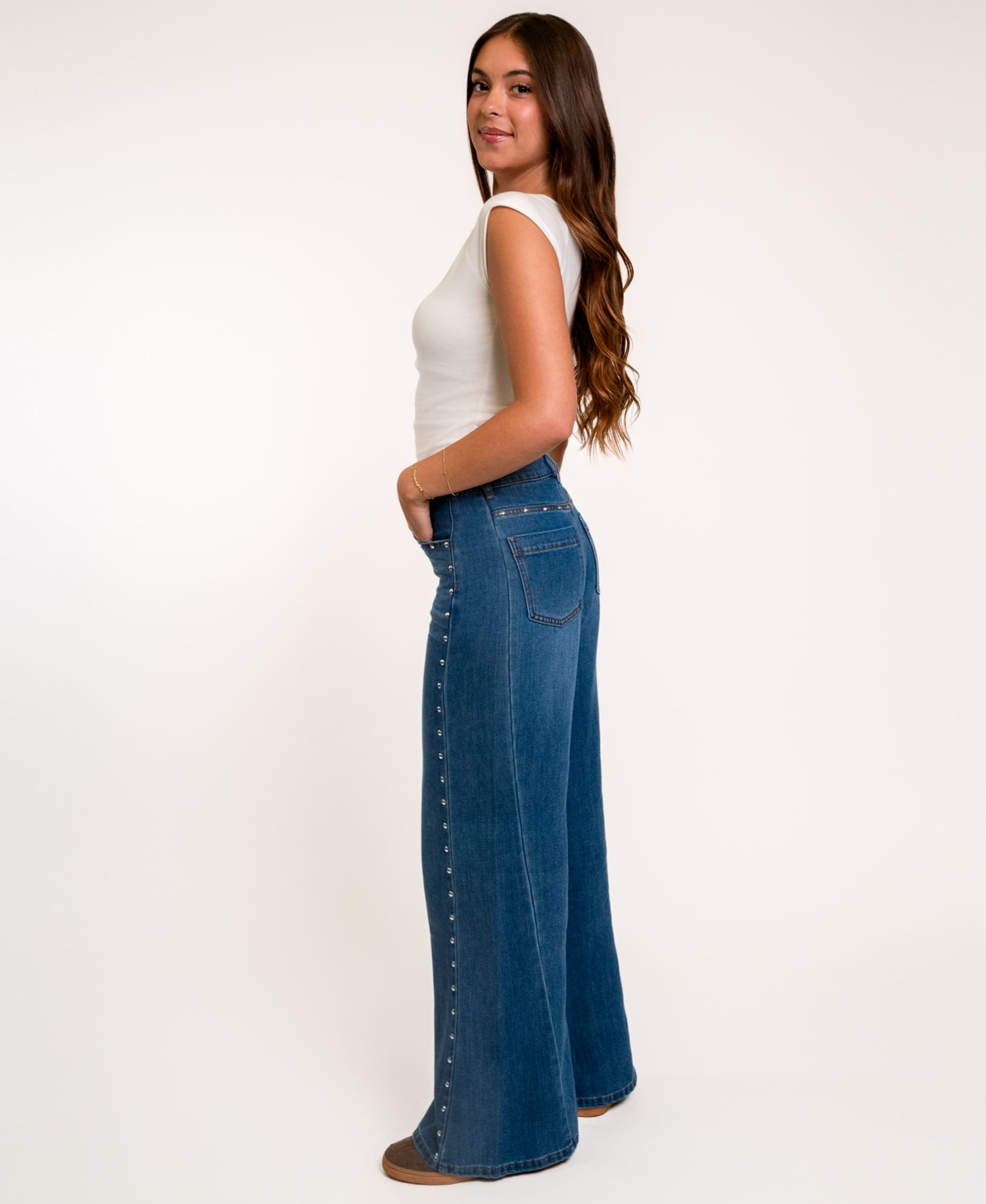 Juniors' High-Waisted Wide-Leg Studded Jeans