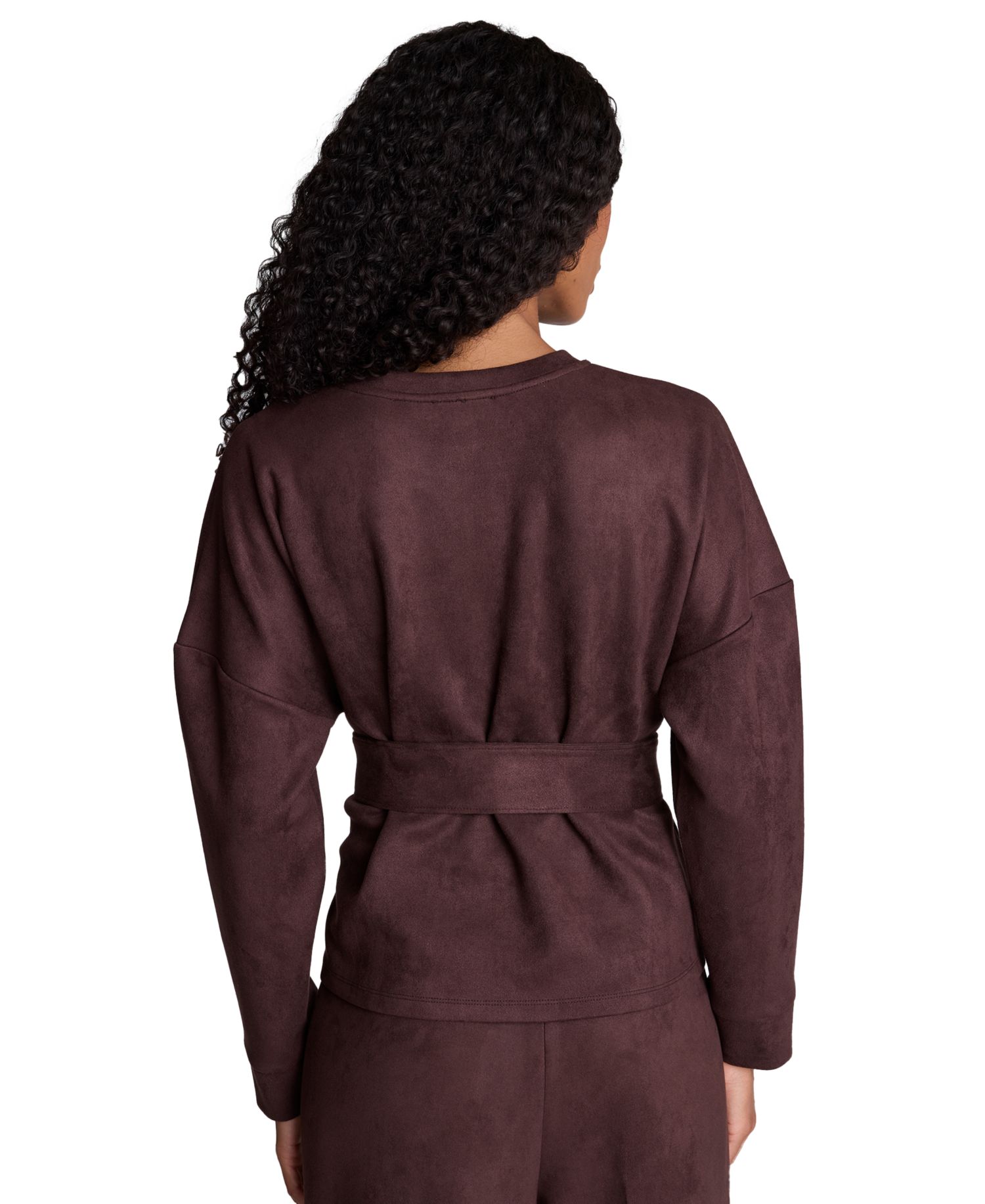 Women's Faux Suede Belted Crewneck Long Sleeve Pullover