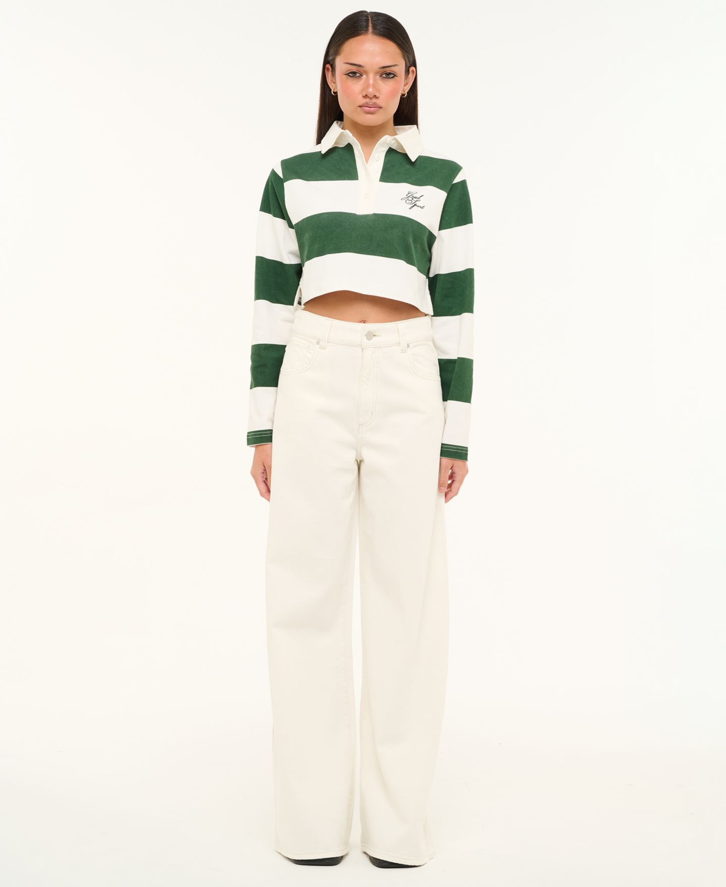 Женское поло Abrand Juniors' Good Sport Striped Cropped Polo, цвет: Зелёный — фото 2