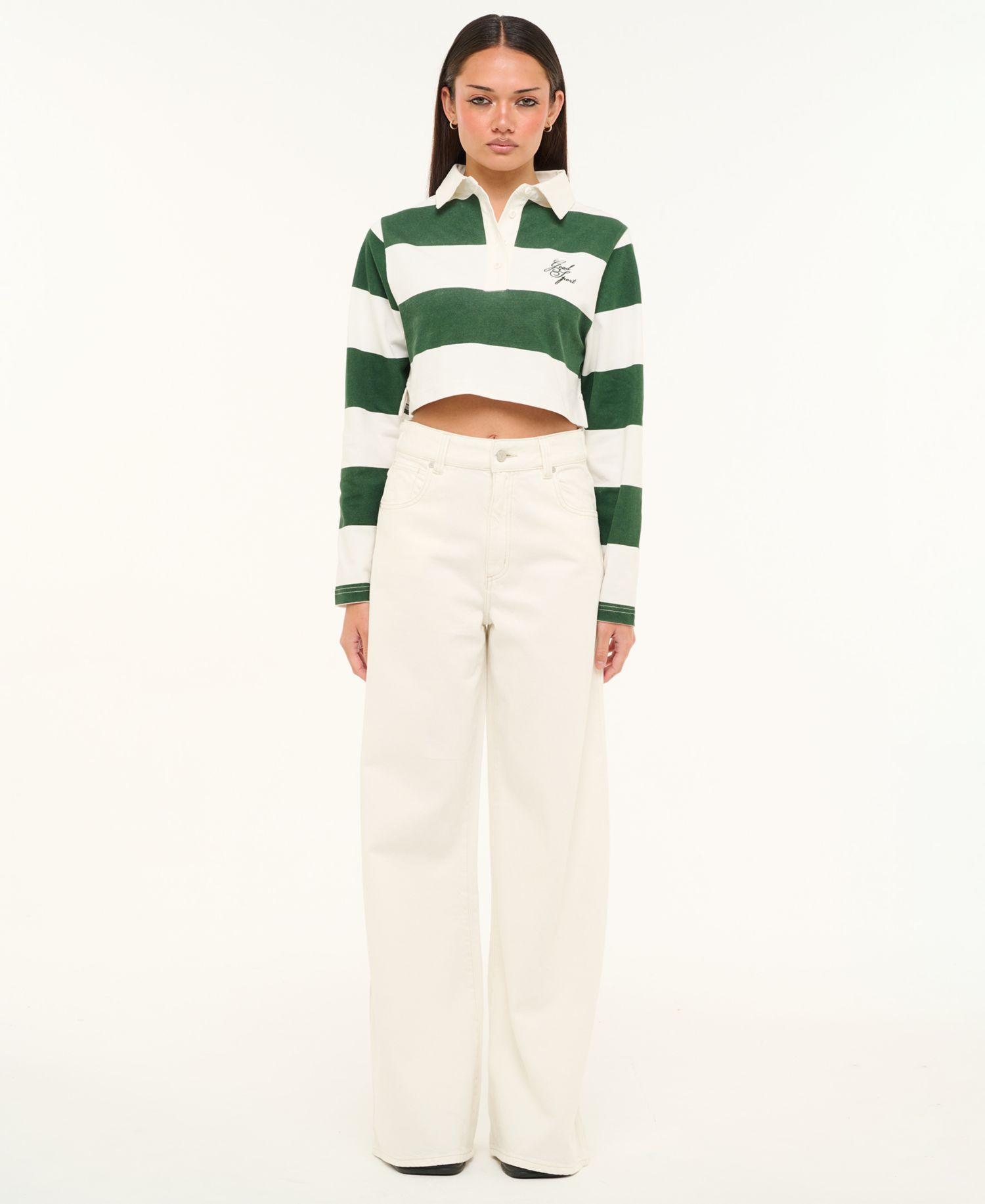 Juniors' Good Sport Striped Cropped Polo Shirt