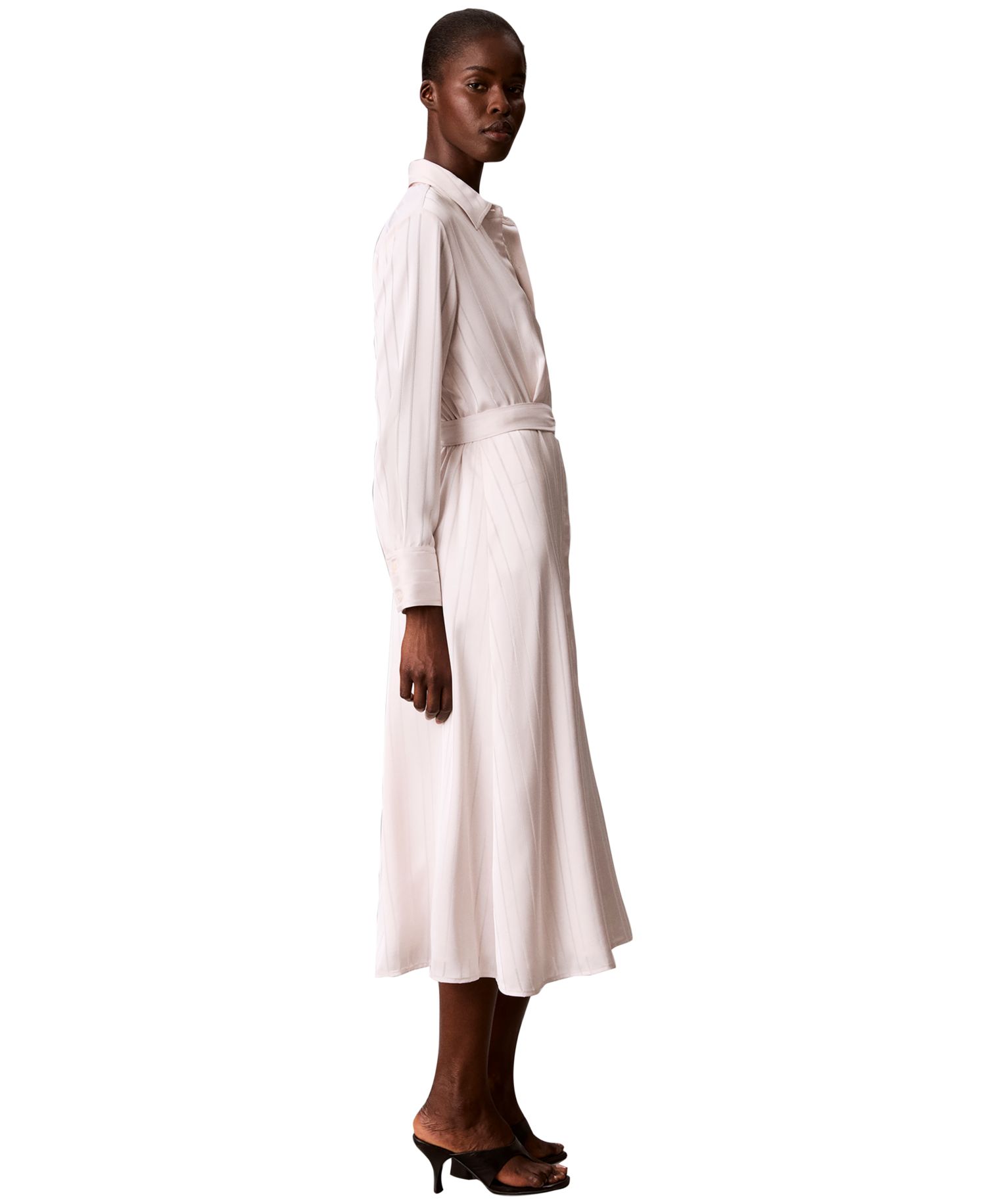 Women's Long-Sleeve Satin-Stripe Midi Shirt Dress