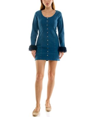 Juniors' Denim Long-Sleeve Faux-Fur Trim Mini Dress