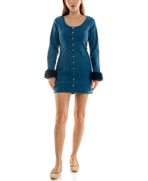 Женское платье RARE Juniors' Denim Long-Sleeve Faux-Fur Trim Mini, цвет: Синий