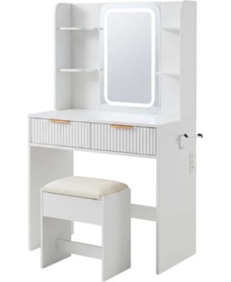 Vanity Desk with Mirror and LED Light,Makeup Dressing Table Set with Charging Station, Drawers Storage, Bedroom Makeup Vanity