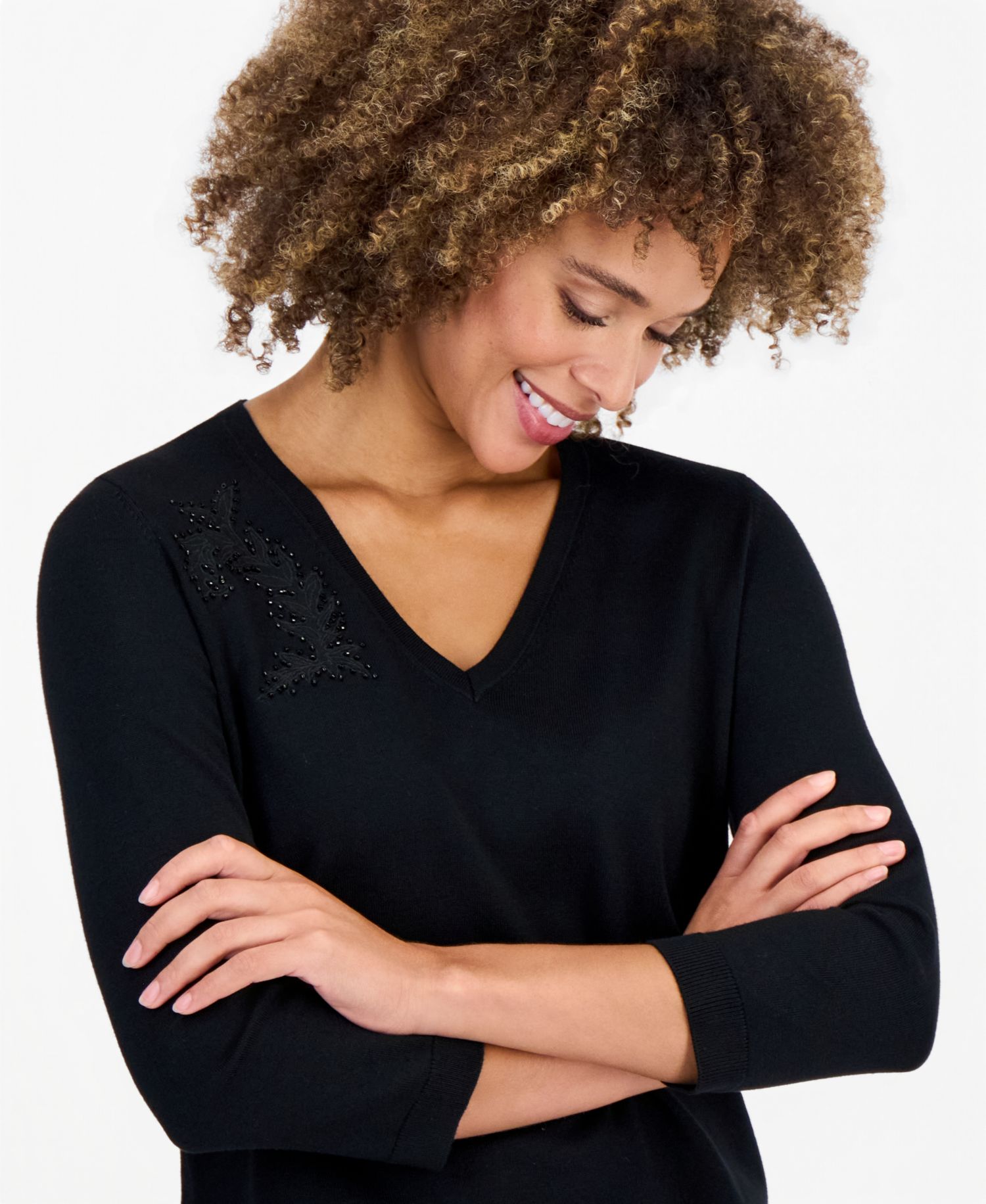 Women's 3/4-Sleeve V-Neck Lace-Applique Sweater