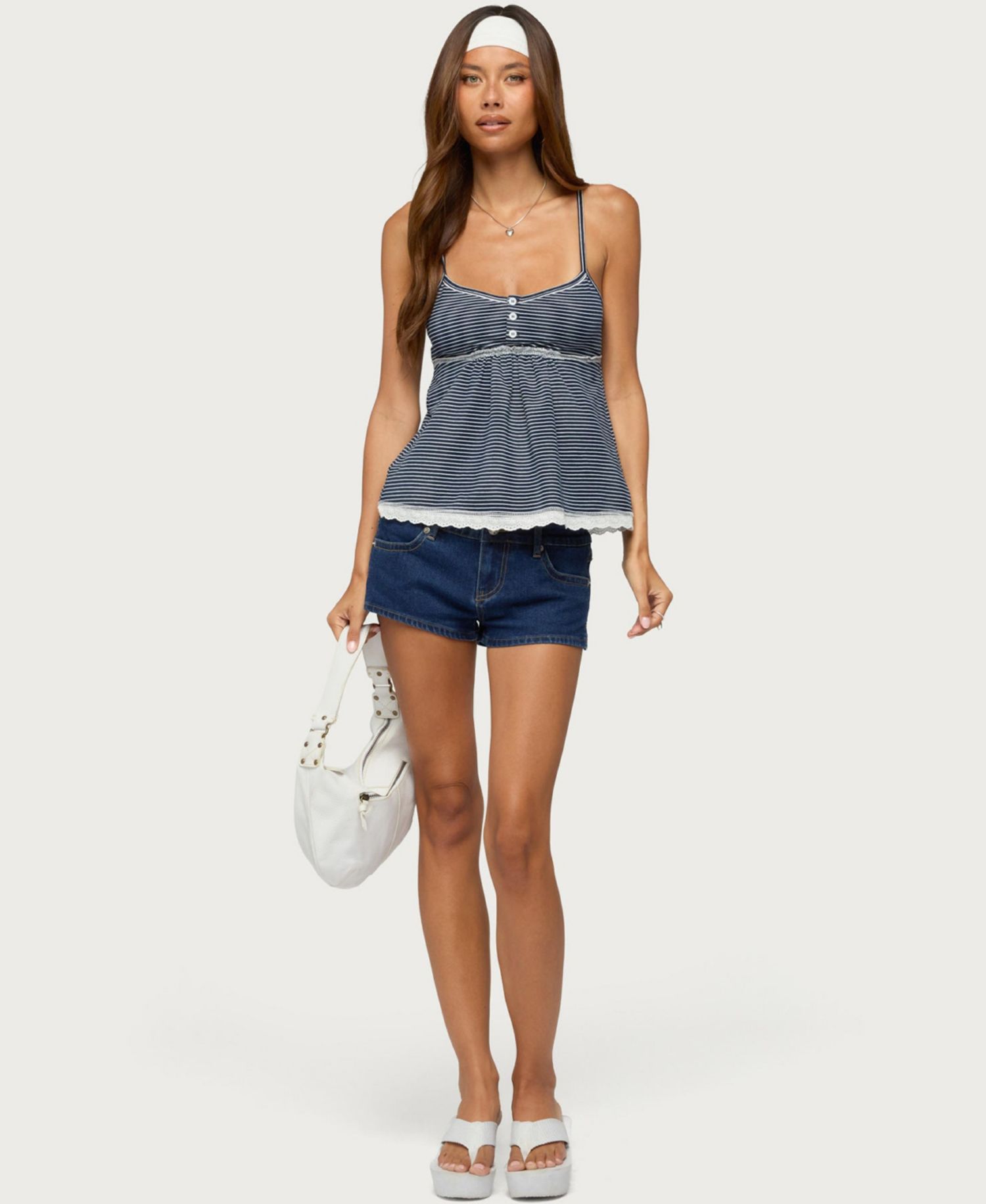 Women's Scoop Neck Eyelet Striped Babydoll Tank Top