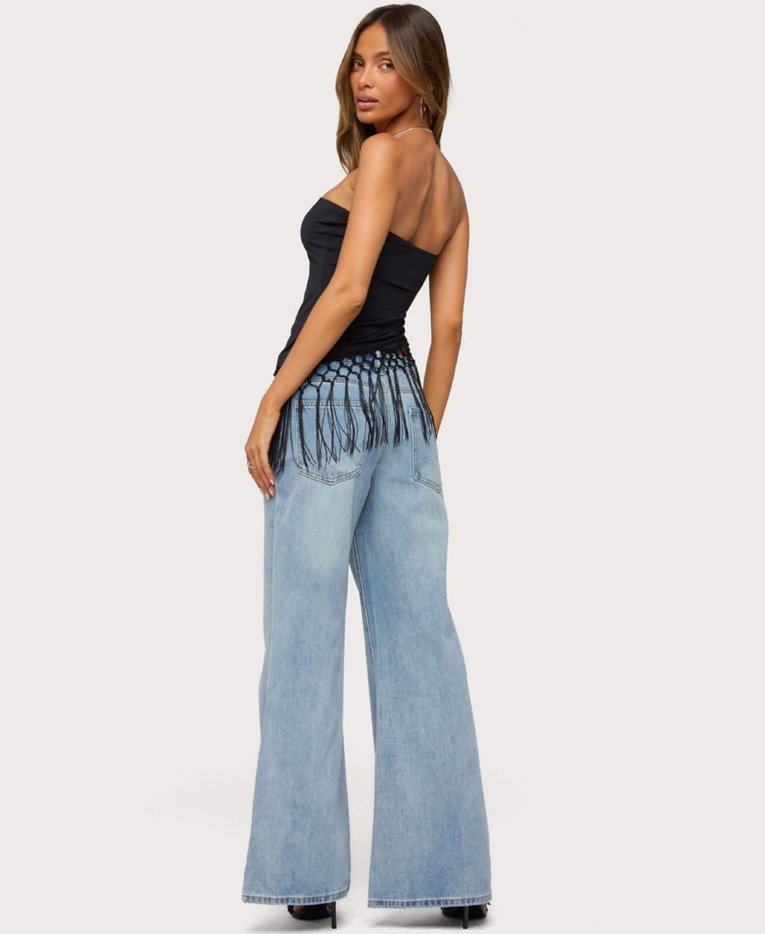 Womens Sarika Asymmetric Fringe Strapless Top