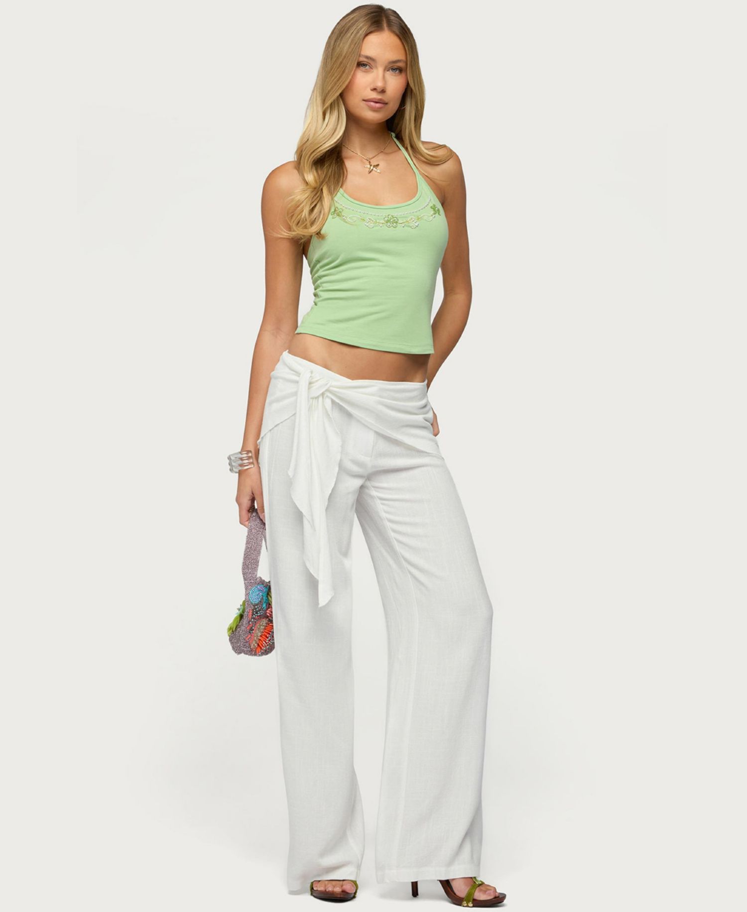 Women's Suki Sarong Belt Low-Rise Wide-Leg Cotton-Linen Blend Pants