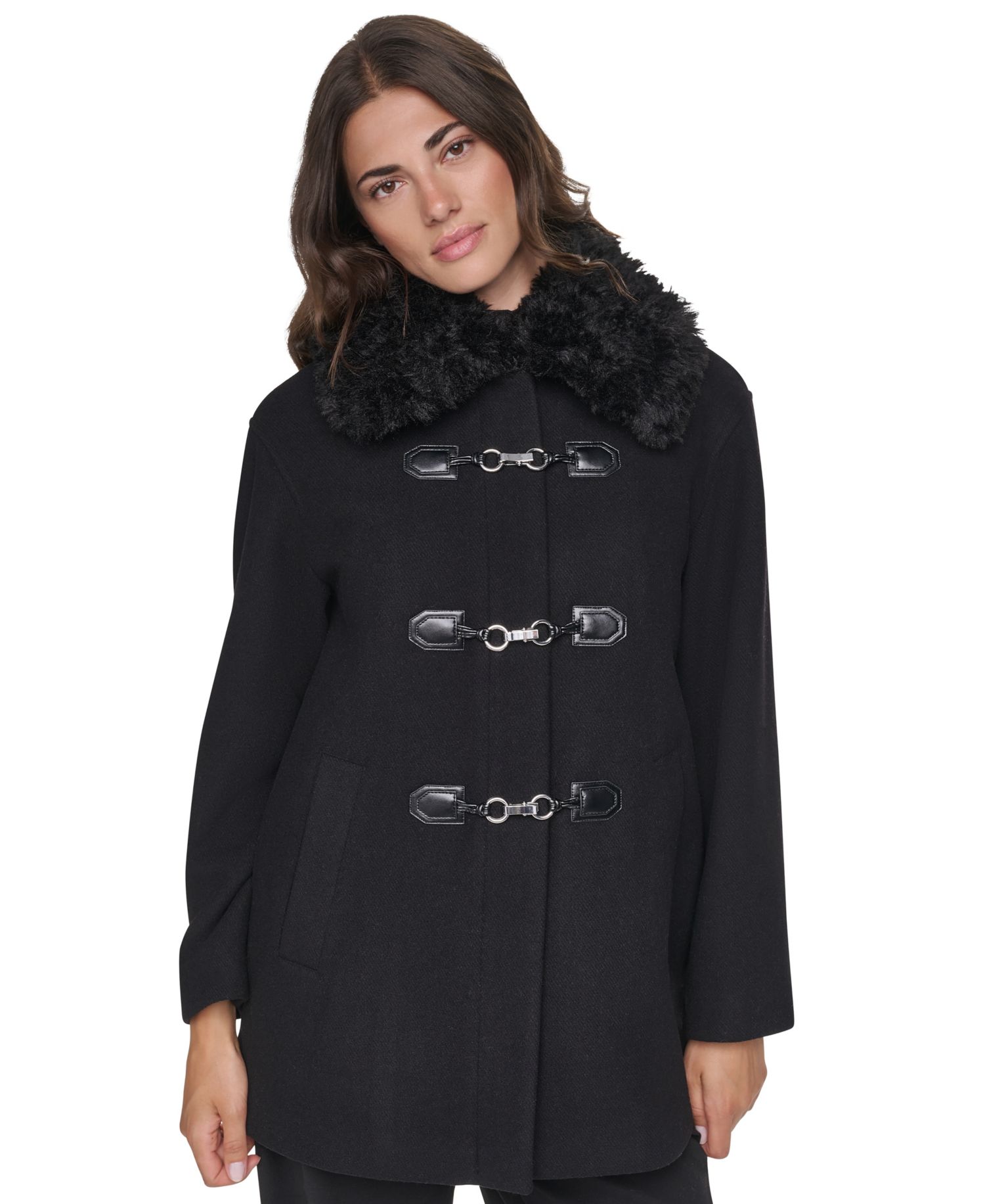 Women's Faux-Fur Collared Wool-Blend Mid-Length Coat