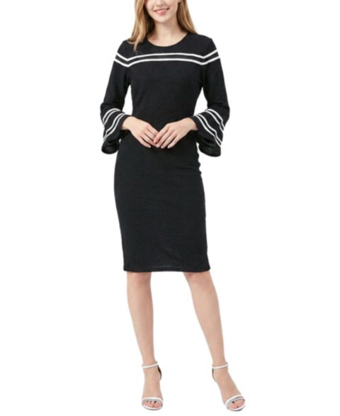 Женское платье NY Collection Petite Bell-Sleeve Mesh-Inset Sheath, цвет: Чёрный белый