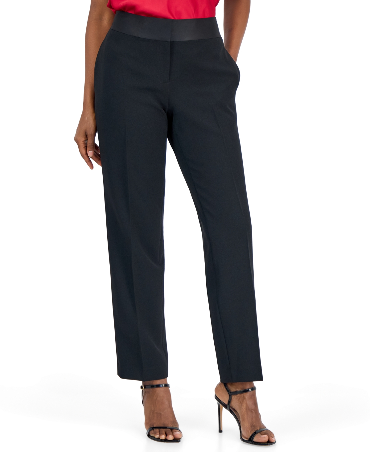 Kasper Women's Crepe Satin Waistband Slim Straight Leg Pant
