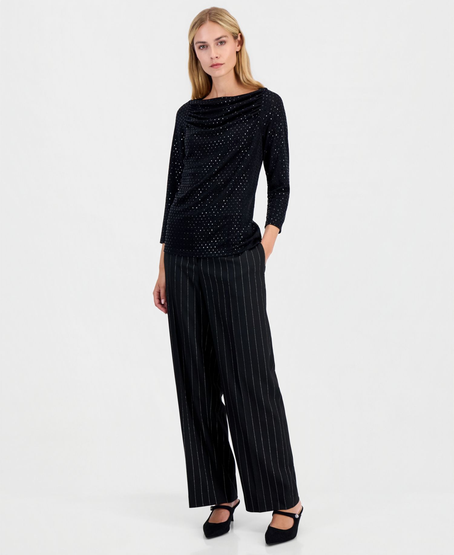 Women's Petite Allover-Sequin 3/4-Sleeve Boat Neck Blouse