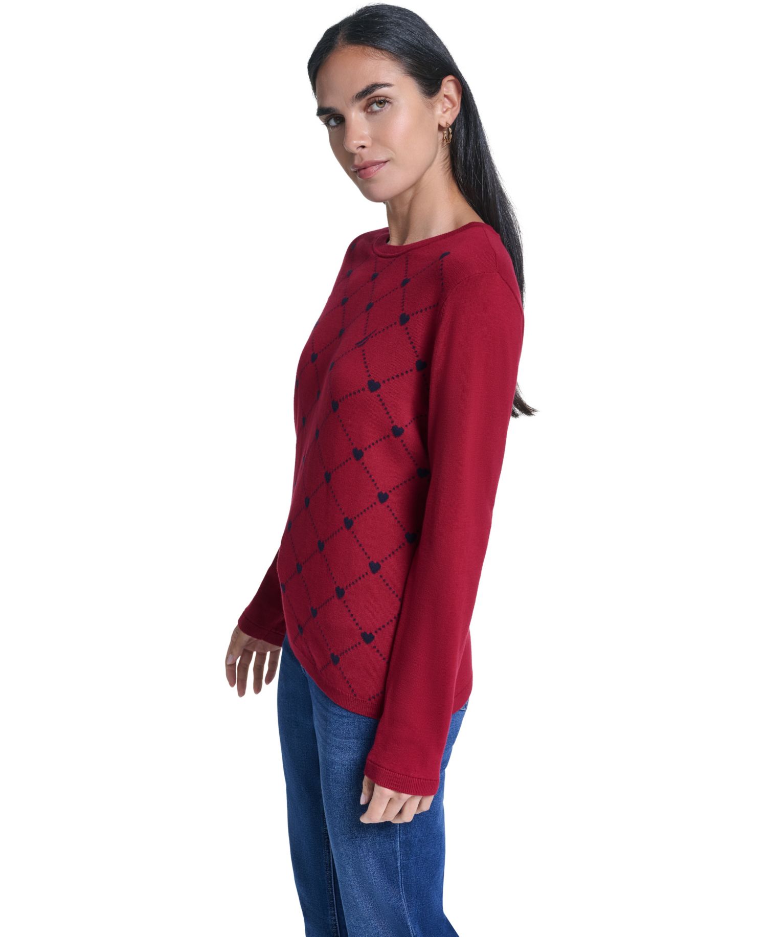 Women's Argyl Hearts Crewneck Long-Sleeve Cotton Sweater