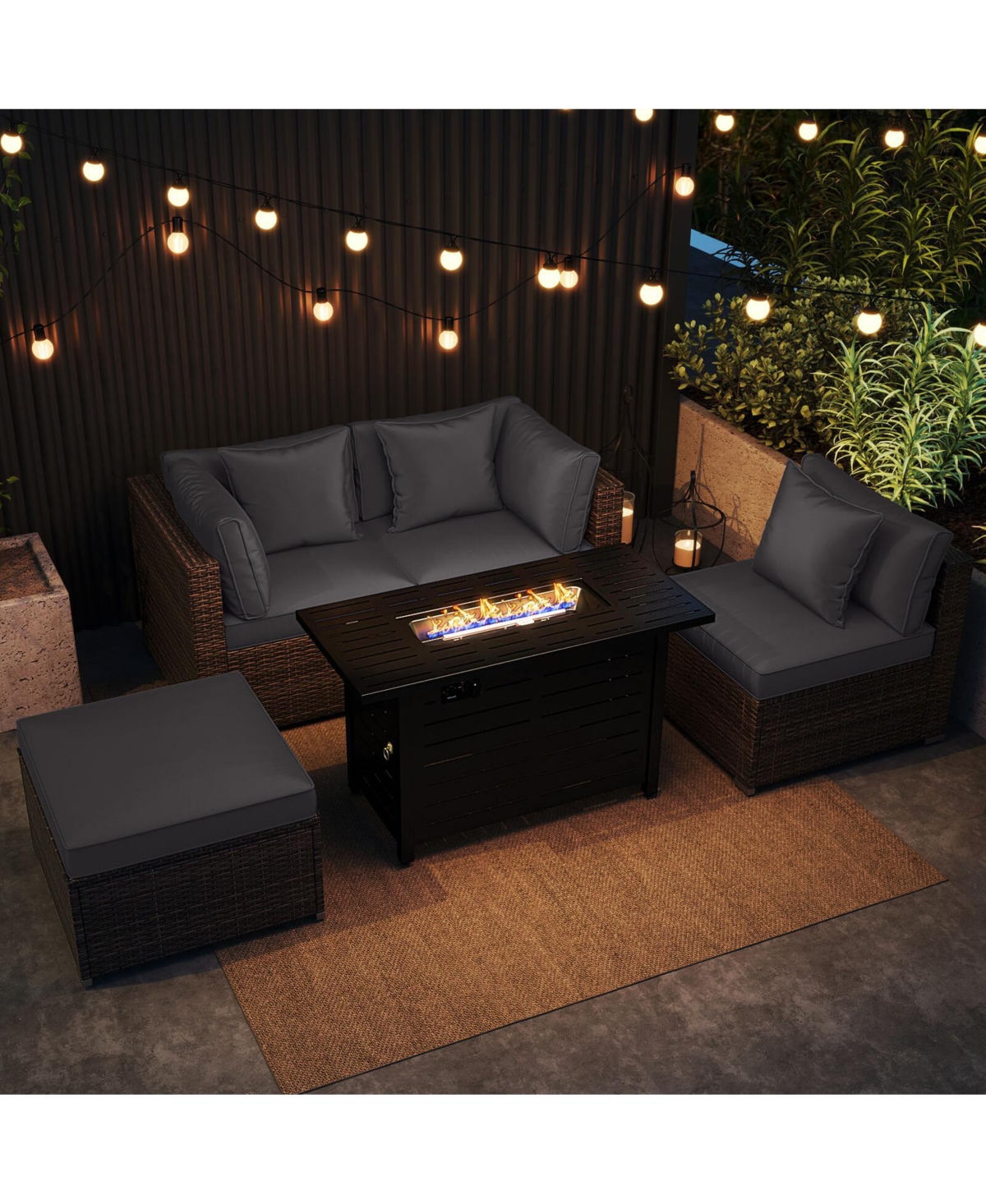 Costway 5 Pieces Patio Furniture Set Heavy-duty Frame Rattan Sofa Set with 60,000 Btu Firepit Table - Grey