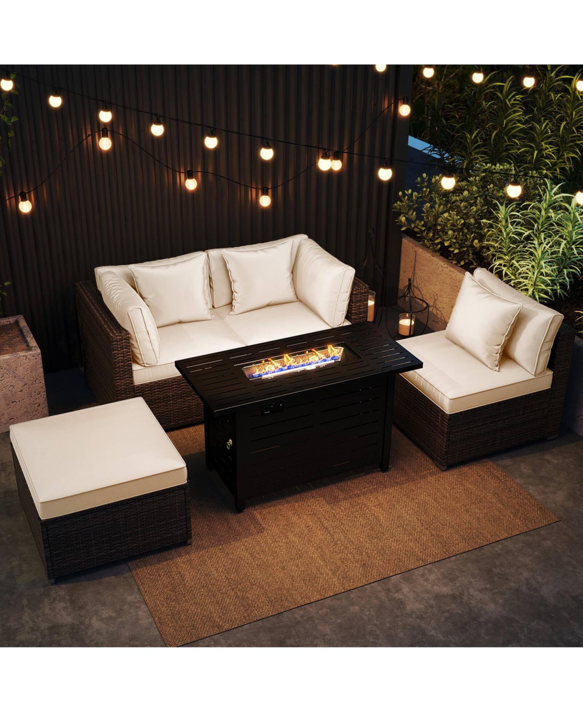 Costway 5 Pieces Patio Furniture Set Heavy-duty Frame Rattan Sofa Set with 60,000 Btu Firepit Table - White