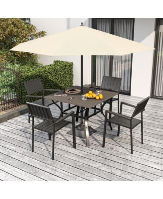 5 Piece Outdoor Slatted Dining Set, 37.8" Square Patio Table with Umbrella Hole and 4 Metal Arm Chairs