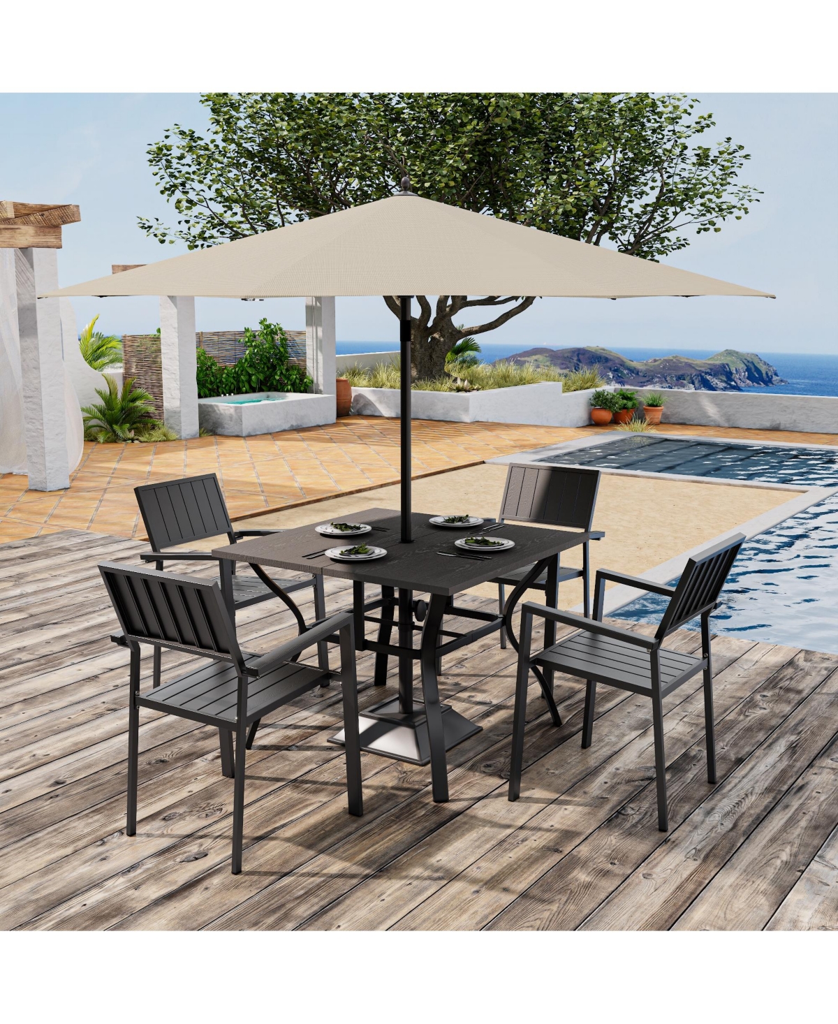 Clihome 5 Piece Outdoor Slatted Dining Set, 37.8" Square Patio Table with Umbrella Hole and 4 Metal Arm Chairs
