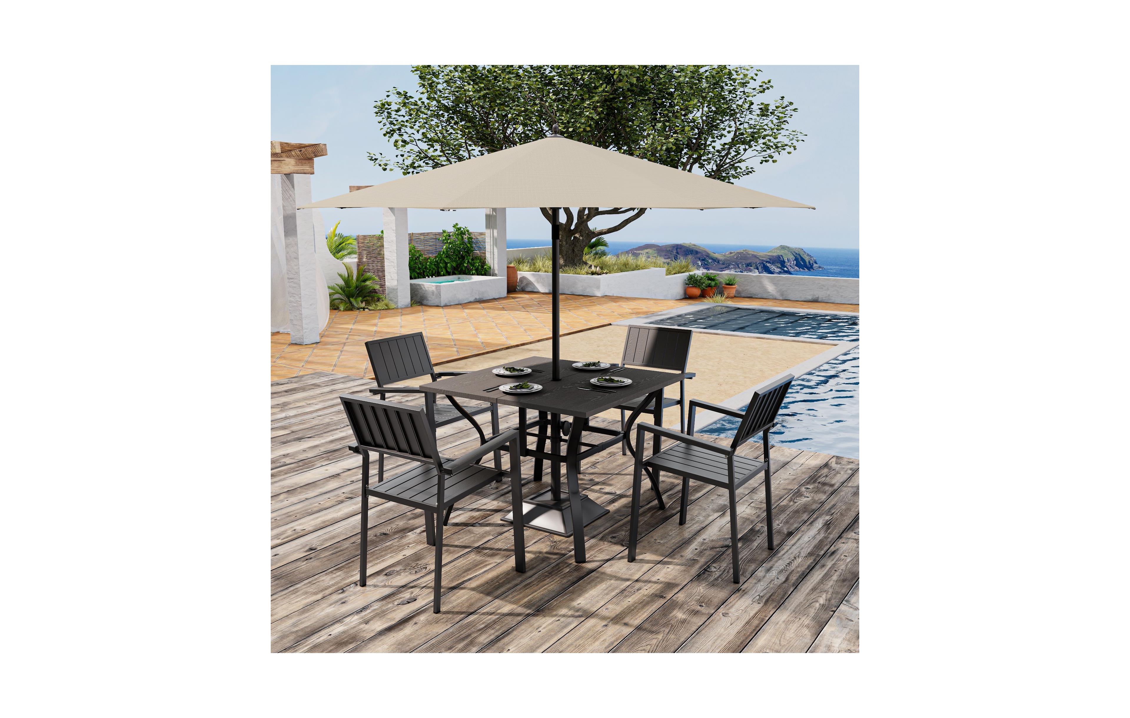 Clihome 5 Piece Outdoor Slatted Dining Set, 37.8" Square Patio Table with Umbrella Hole and 4 Metal Arm Chairs
