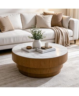 31.5" Round Coffee Table with Sintered Stone Top - MDF with Wood Veneer Tiered Base, Modern Low Profile Coffee Table for Living