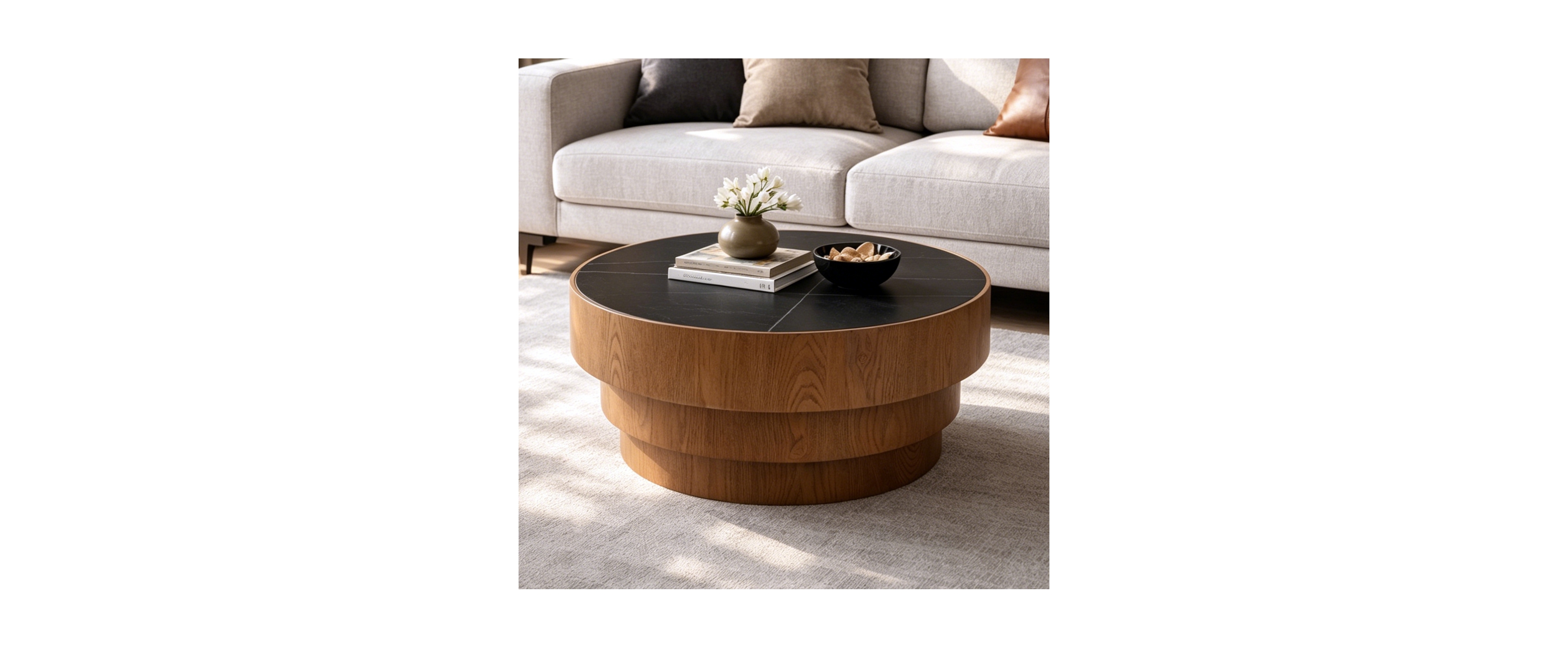 Clihome 31.5" Round Coffee Table with Sintered Stone Top - Mdf Wood Veneer Tiered Base, Modern Low Profile for Living