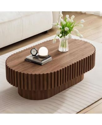 Oval Coffee Table,Mid Century Modern Fluted Coffee Table with Pedestal, Classic Wood Coffee