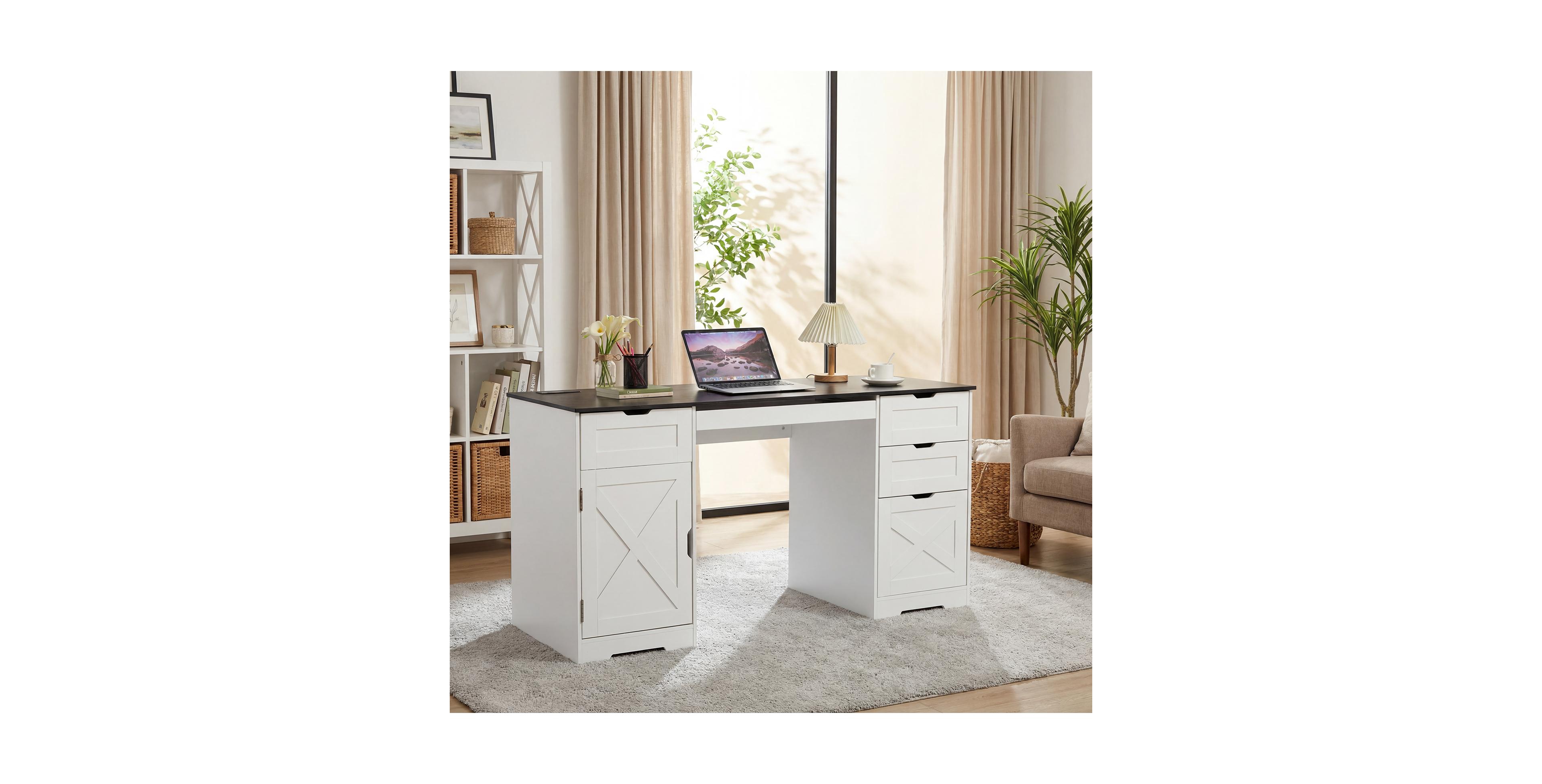 gaomon 59 Inch Office Desk with 4 Drawers Home Office Desk with Charging Station and Keyboard Tray/ Wooden Computer Desk