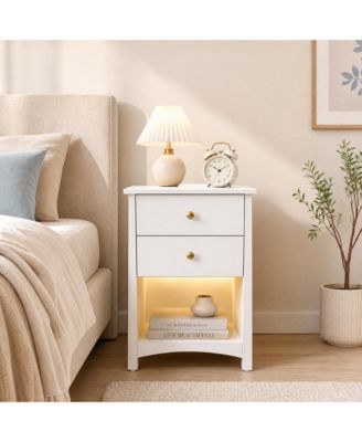 Nightstand with Power Outlets | Open Storage and LED Light Strip, Modern Mid Century Bed Side Table with 2 Drawers, Side Bed Table