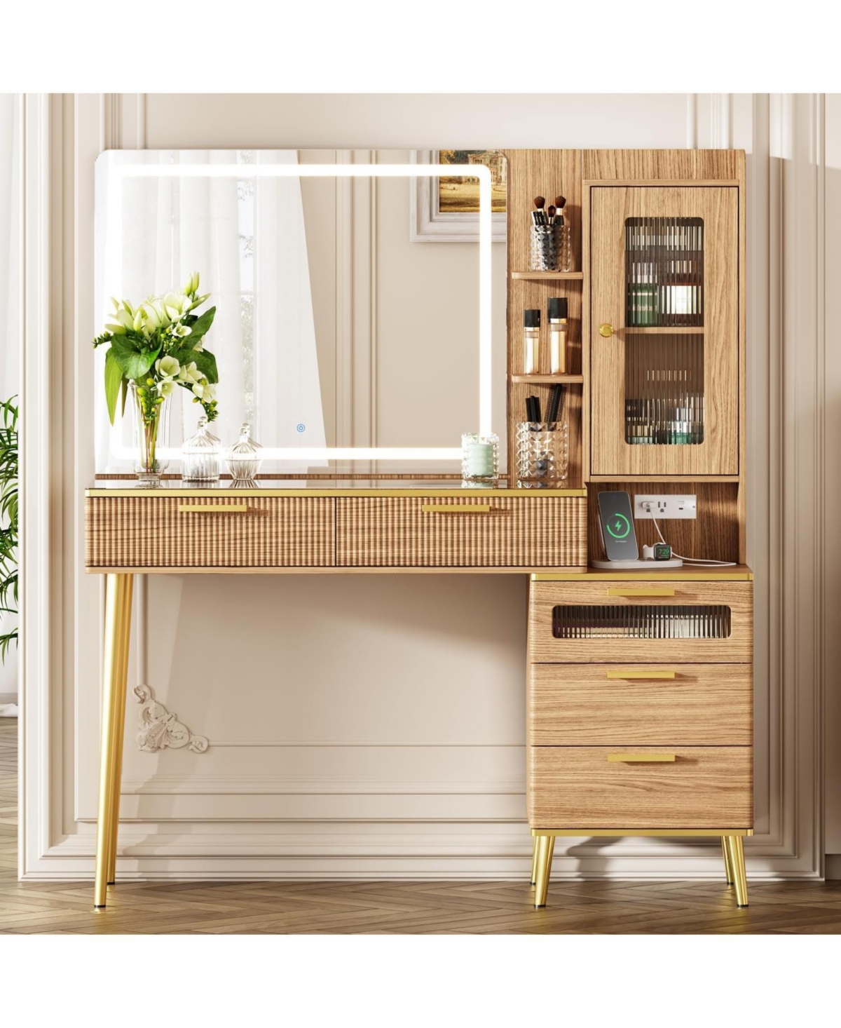 gaomon Vanity Desk with Led Mirror, 47" Makeup Table Charging Station, 5 Drawers and Detachable Side Cabinet