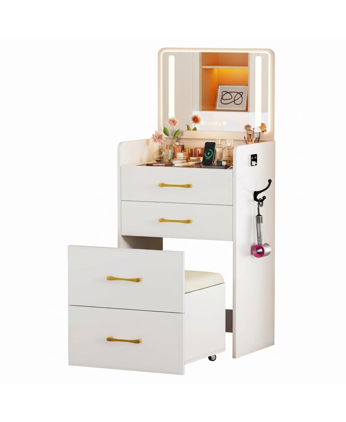 gaomon Mini Makeup Vanity Desk with Led Lighted Mirror, Usb Charging Station, Hidden Rolling Stool - White