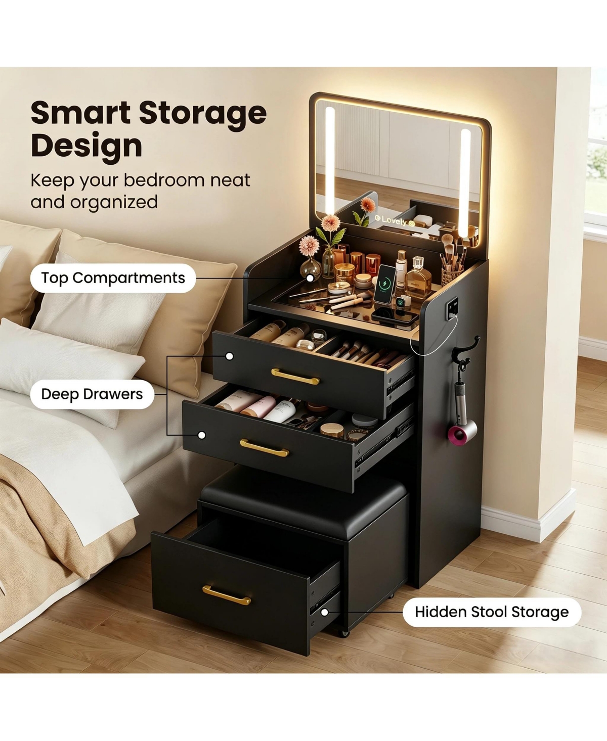 gaomon Mini Makeup Vanity Desk with Led Lighted Mirror, Usb Charging Station, Hidden Rolling Stool