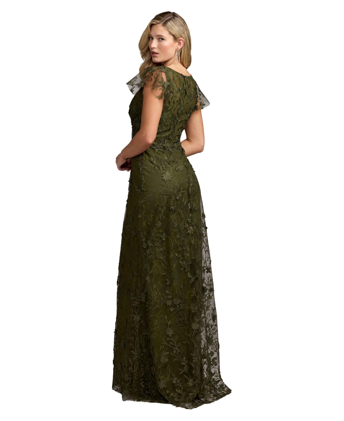 Mac Duggal Women's Floral-Print Embroidered Applique Flutter Sleeve Gown