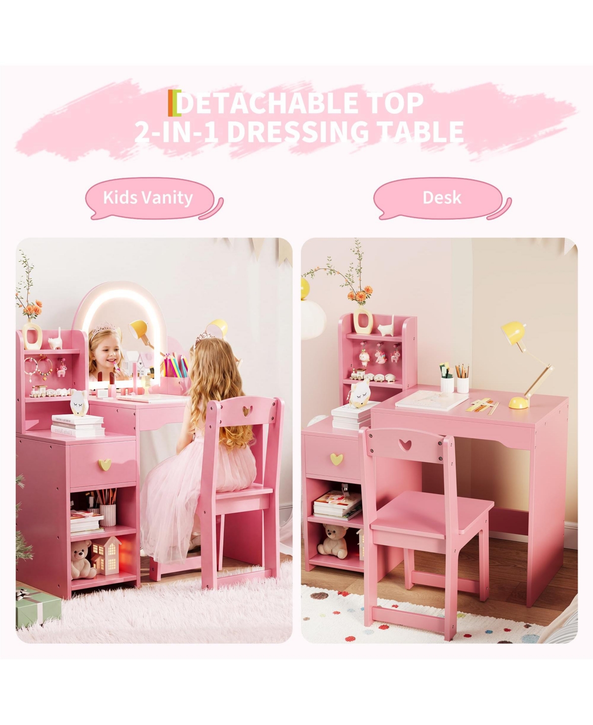gaomon Kids Vanity Table and Chair Set, Set with Open Shelves, Hook, Drawer, Double Layered Cabinet, Pen Holder