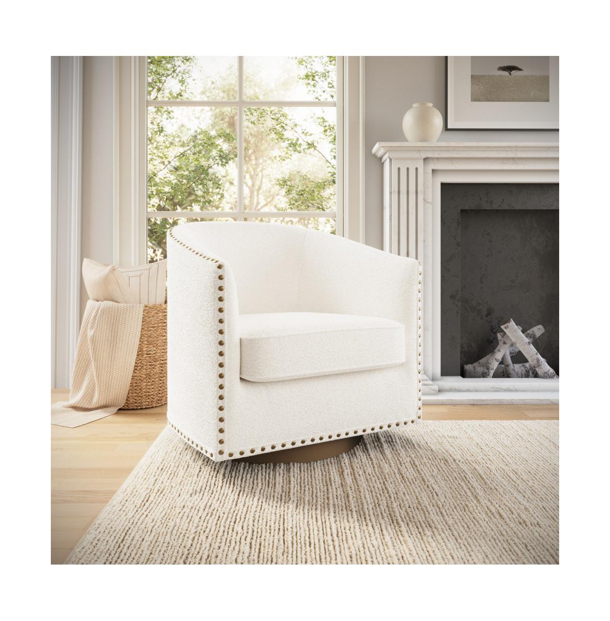 Emma+Oliver Cole Upholstered Club Style Barrel Accent Chair with 360degree Swivel Base and Decorative Nail Head Trim