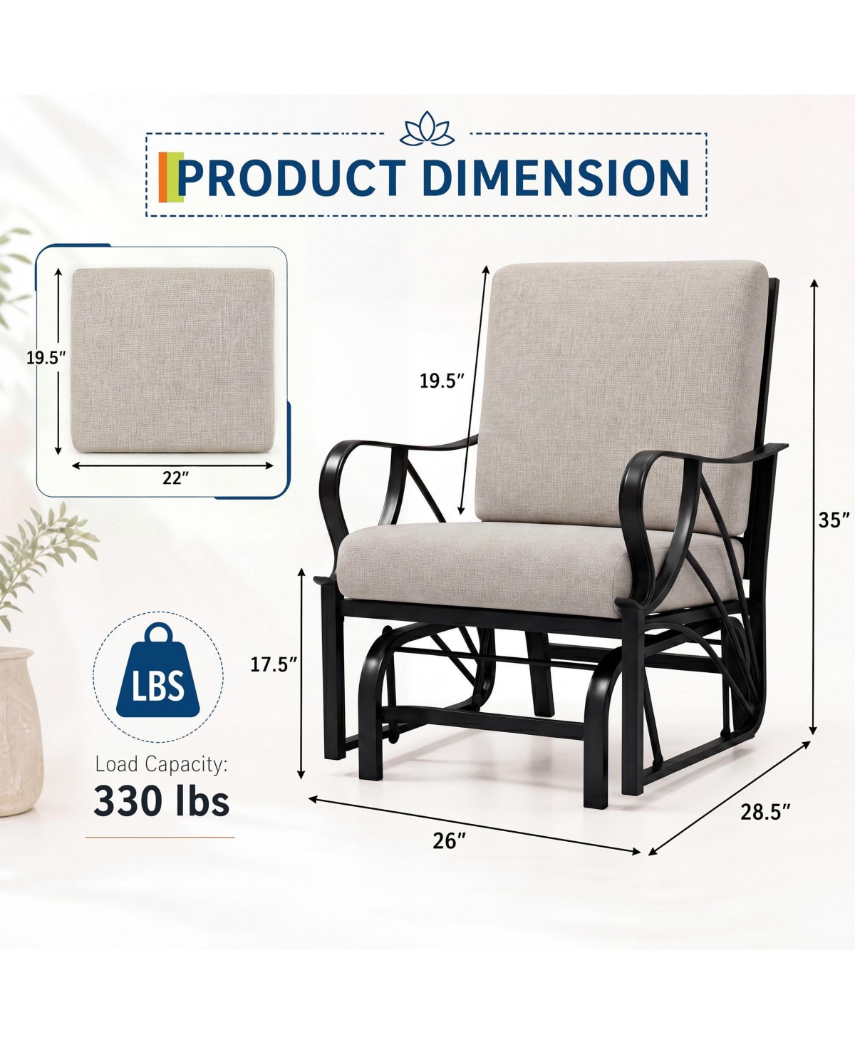 homfan Porch Glider with Removable Cushion, Outdoor Glider Rocking Chair with Heavy-Duty Metal Frame, Curved Armrests for Patio