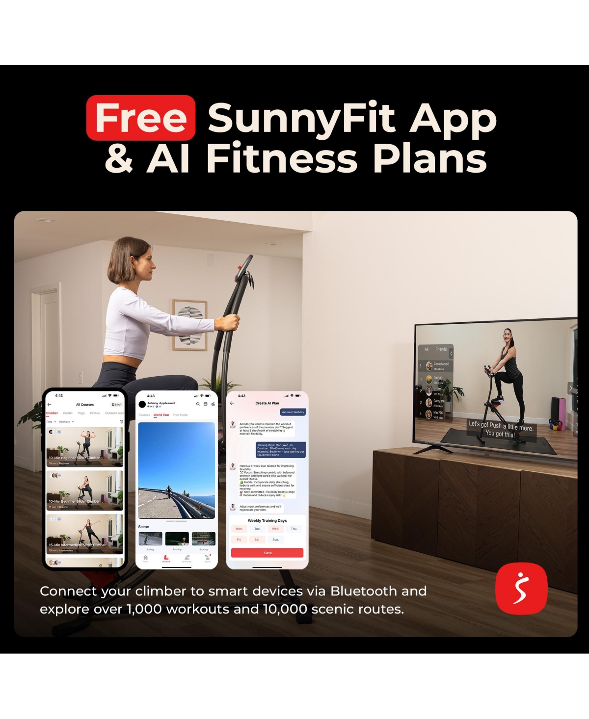Sunny Health & Fitness Smart Adjustable Curved Step Climber with 27.6" Long Stride, 4 Incline Levels and Trainer-Led Workouts via SunnyFit App
