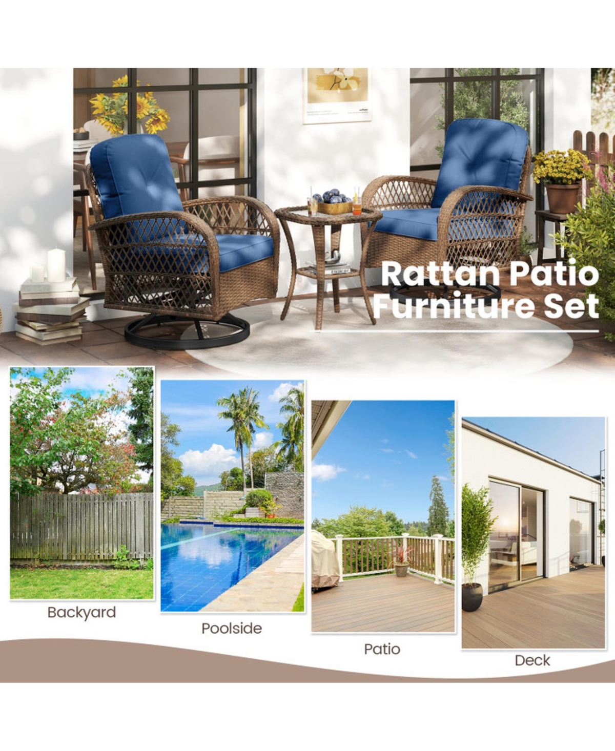 Sugift Patio Swivel Rocker Set with Tempered Glass Side Table and Thick Cushions