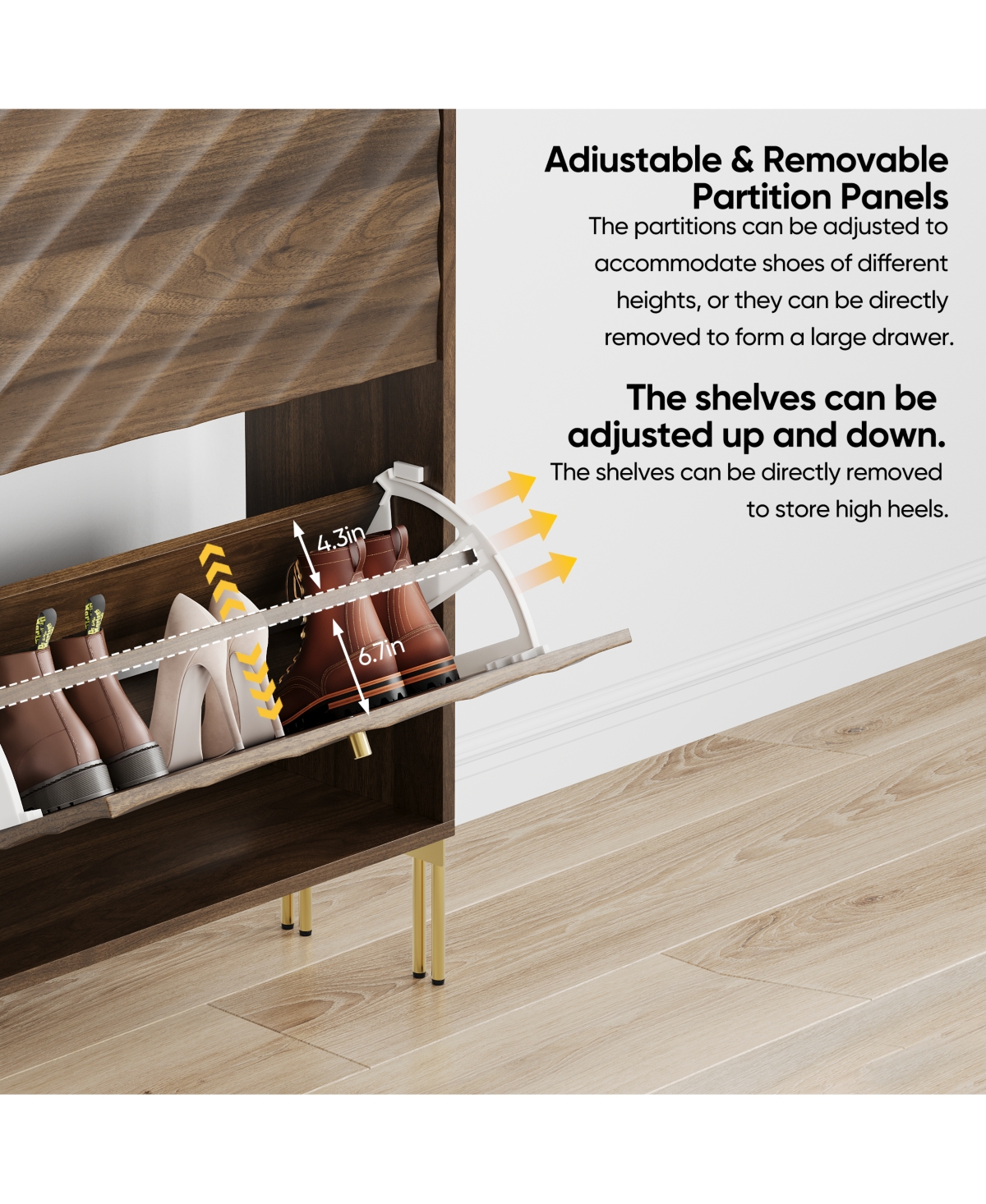 Boyel Living 23.6-Inch Mid-Century Modern Shoe Storage Cabinet, Freestanding Entryway Organizer with 2 Flip-Top Drawers and Metal Legs