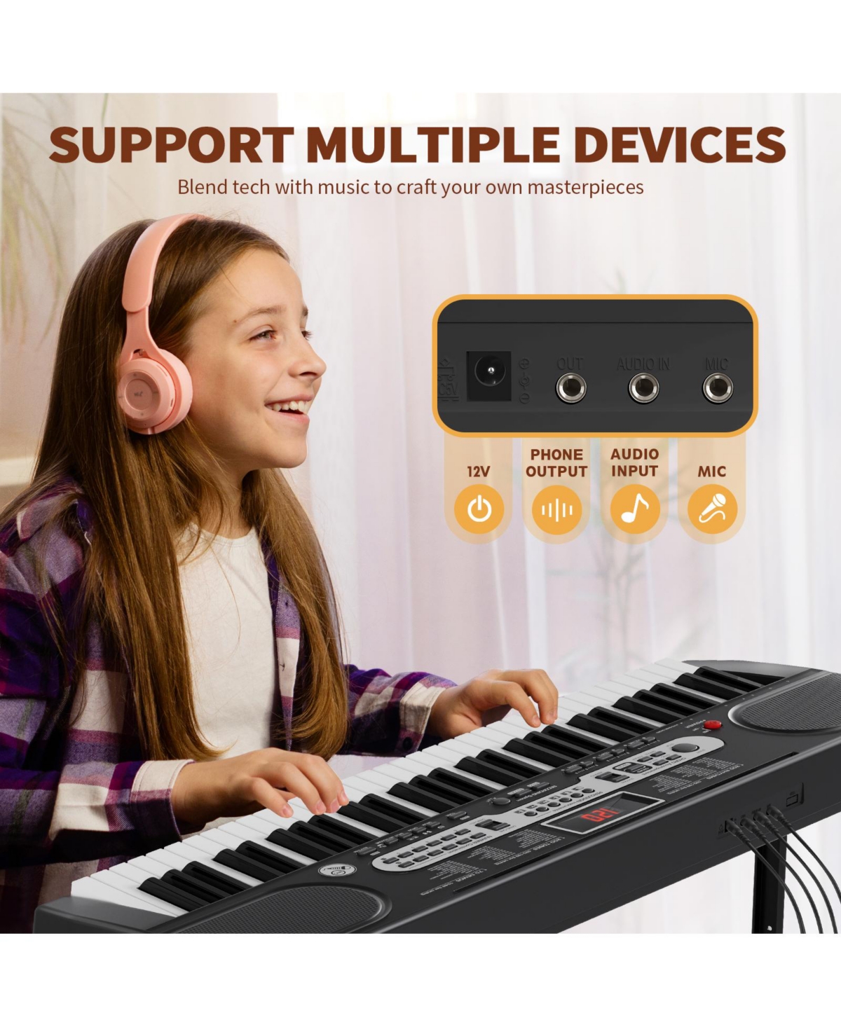 Sugift 61-Key Lighted Electric Piano Keyboard for Beginners with Stand and Bench, Ages 6+