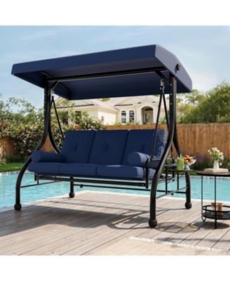 Outdoor Porch Swing with Adjustable Canopy, 3-Seat Patio Swing Chair with Stand, 800LBS Heavy Duty Outdoor Swing
