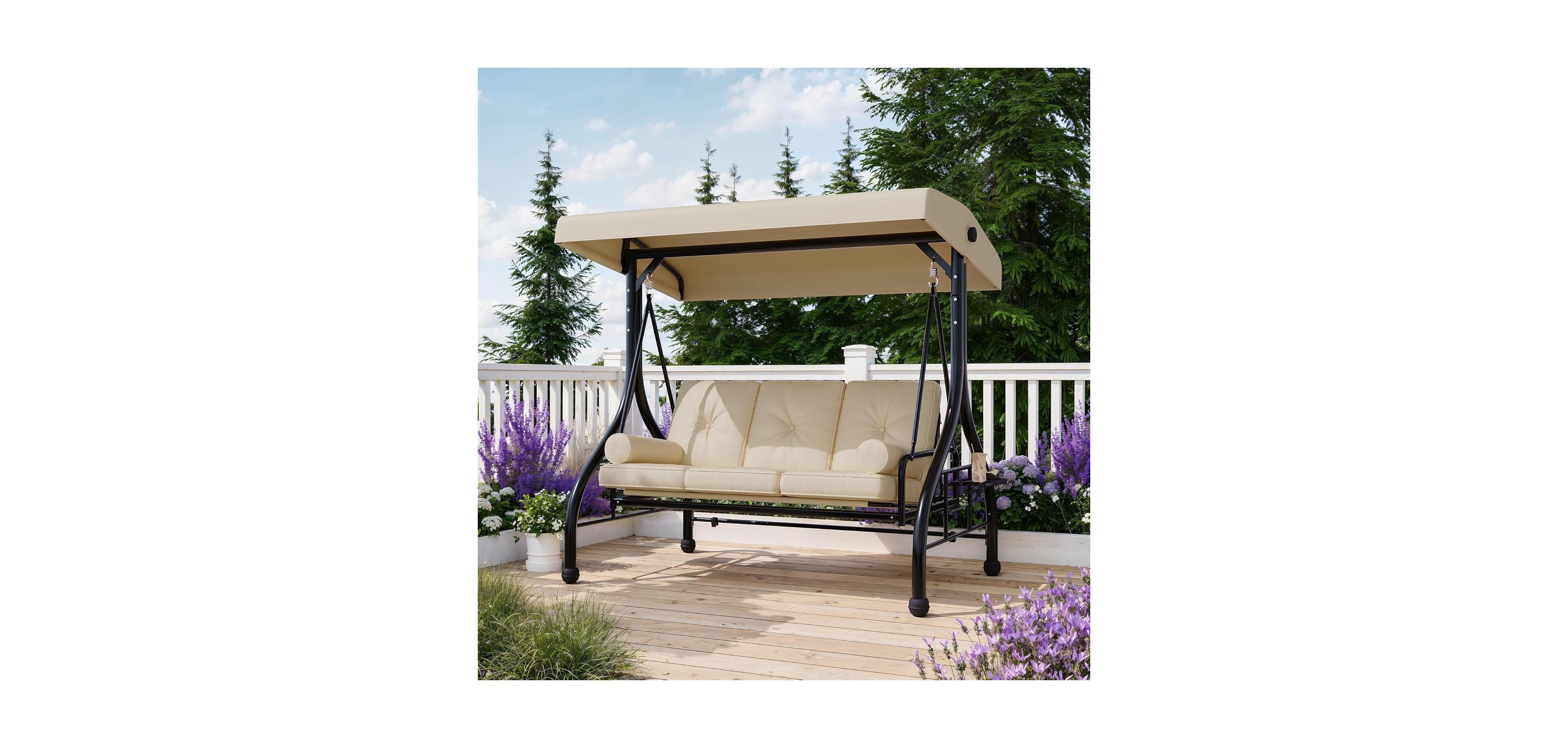 gaomon Outdoor Porch Swing with Adjustable Canopy, 3-Seat Patio Chair Stand, 800LBS Heavy Duty
