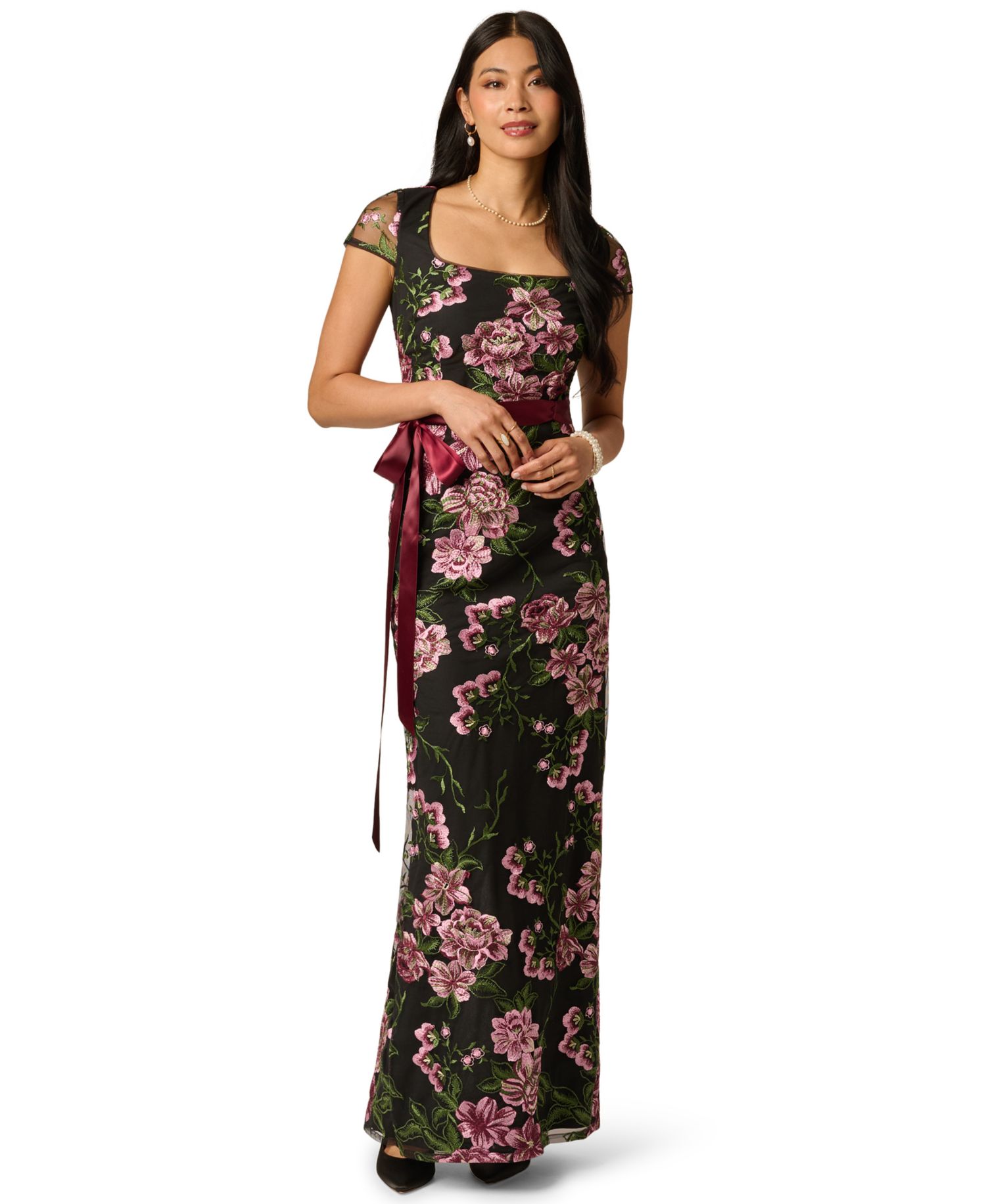 Women's Cascading Floral Column Square-Neck Gown