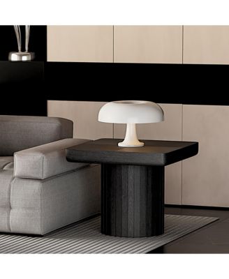 23.6" Modern Square End Table, Solid Wood Veneer Parquet Top with Grooved Cylindrical Base